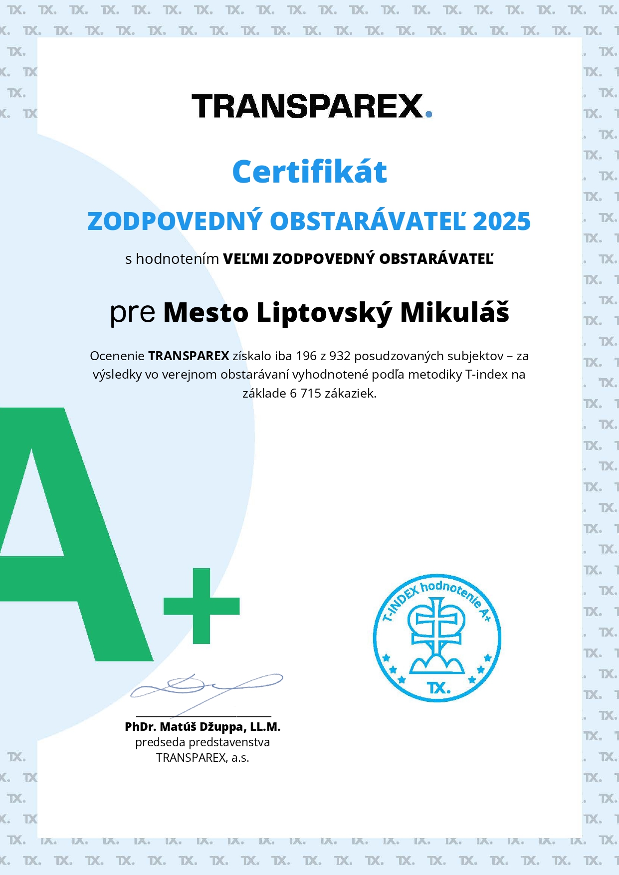 Liptovský Mikuláš získal prestížne ocenenie Zodpovedný obstarávateľ 2025